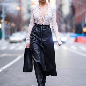 Midi black leather skirt